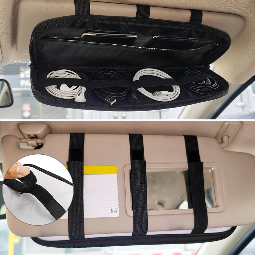 Jeiento Black Leopard Car Visor Organizers Accessories Black Cheetah Animal Skin Print Auto Sun Visor Multi-Pocket Storage Pouch Glasses Holder,Document, Card, Driver License Organizer Universal Fit