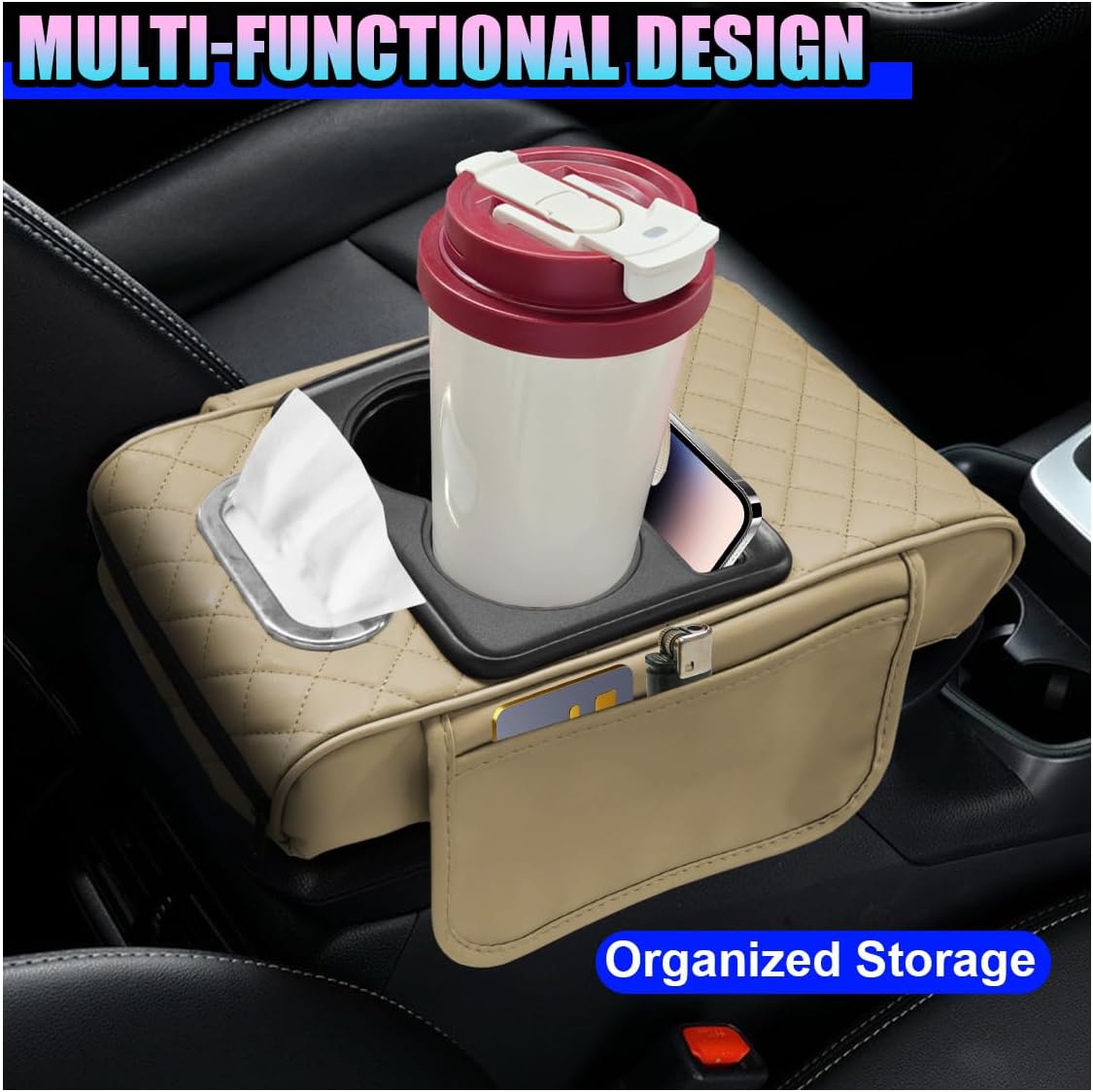 Leather Car Center Console Cover, Armrest Booster Cushion, Beige