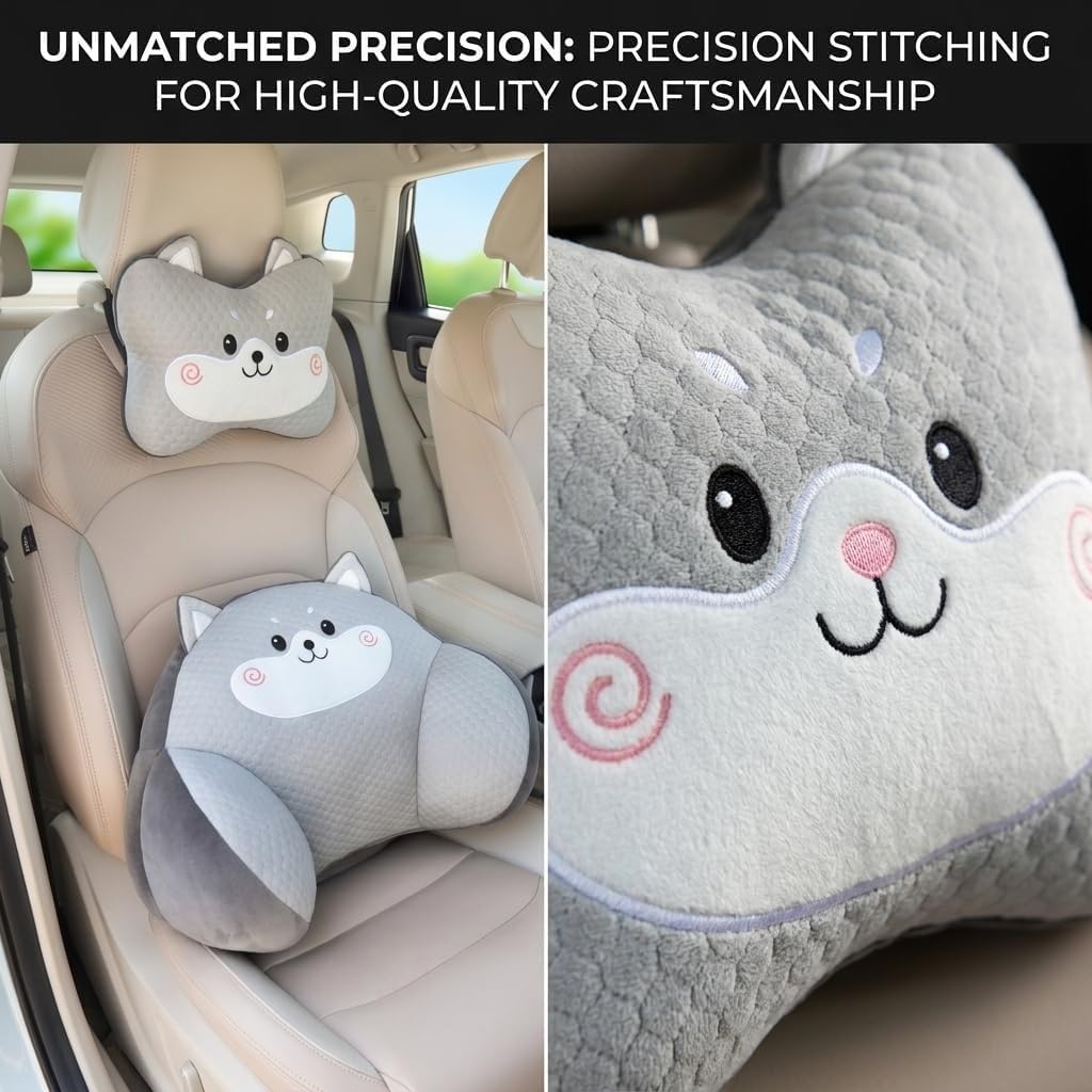 Car Neck Pillow and Lumbar Support Set, Cute Animal Soft Plush Ergonomic Back Cushion for Driving, Travel Seat Headrest Pillow(Set of 2) (Rabbit)