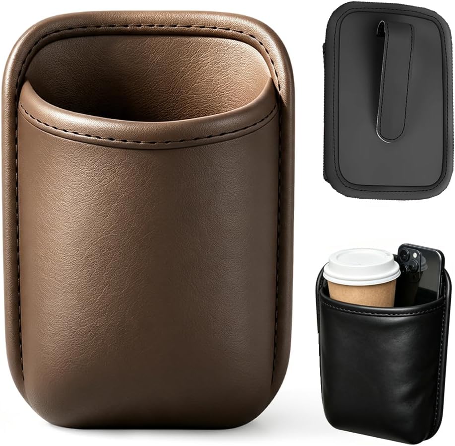 Car Door Cup Holder, Leather Clip On Drink Cup Holder for Back Seat，Brown S：2