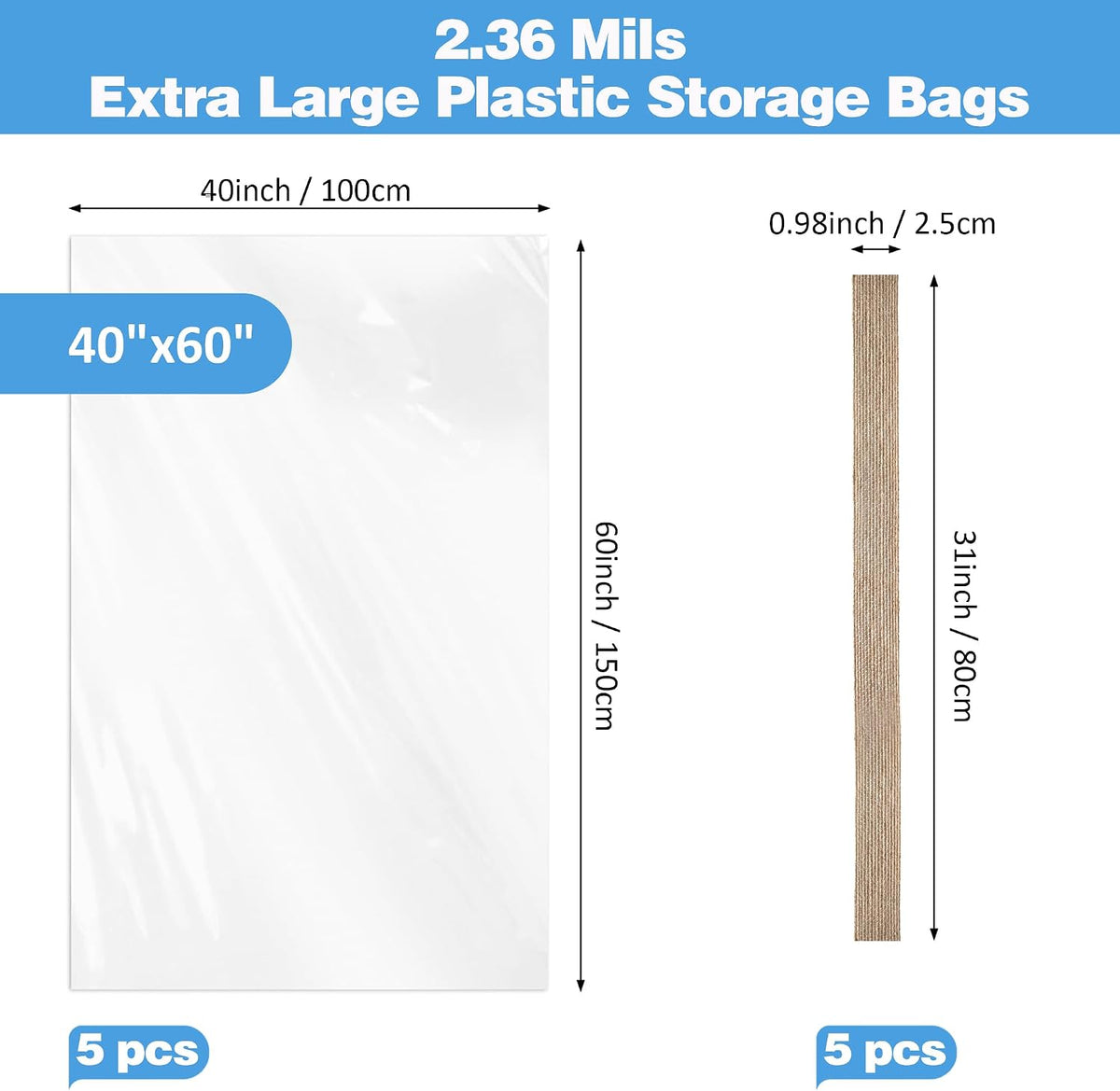 5 Pcs Extra Large Clear Plastic Bags, 40" x 60" Jumbo Waterproof Storage Bags with 5 Jute Ribbons for Car Seat, Stroller, Furniture & Luggage, Moving (2.36 Mil Heavy Duty)