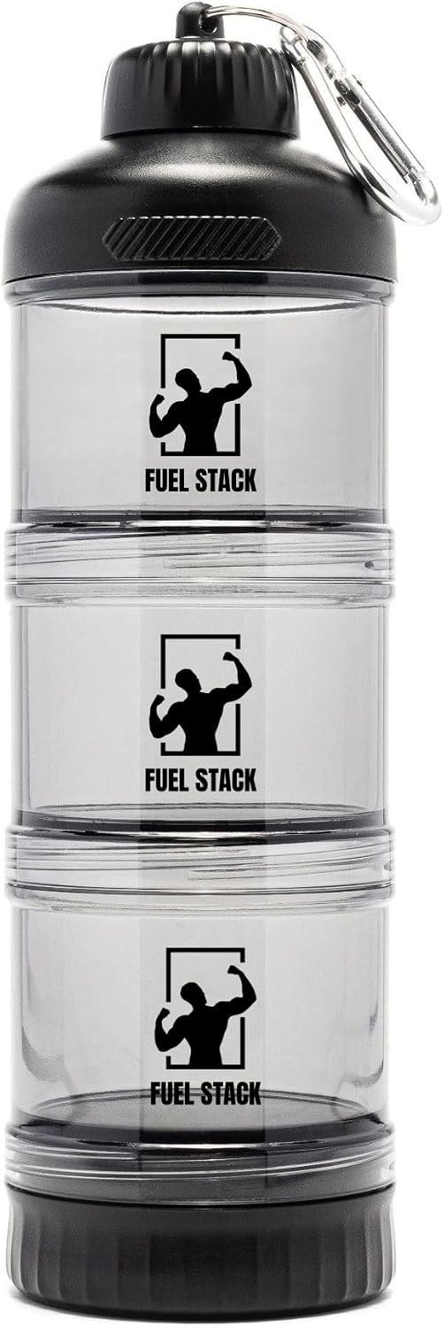 FuelStack Stackable Supplement Container (Black) – Portable Protein Powder Storage for Gym & Travel – Modular Twist-Lock Jars with Supplement Tray & Carabiner – Leakproof, BPA-Free