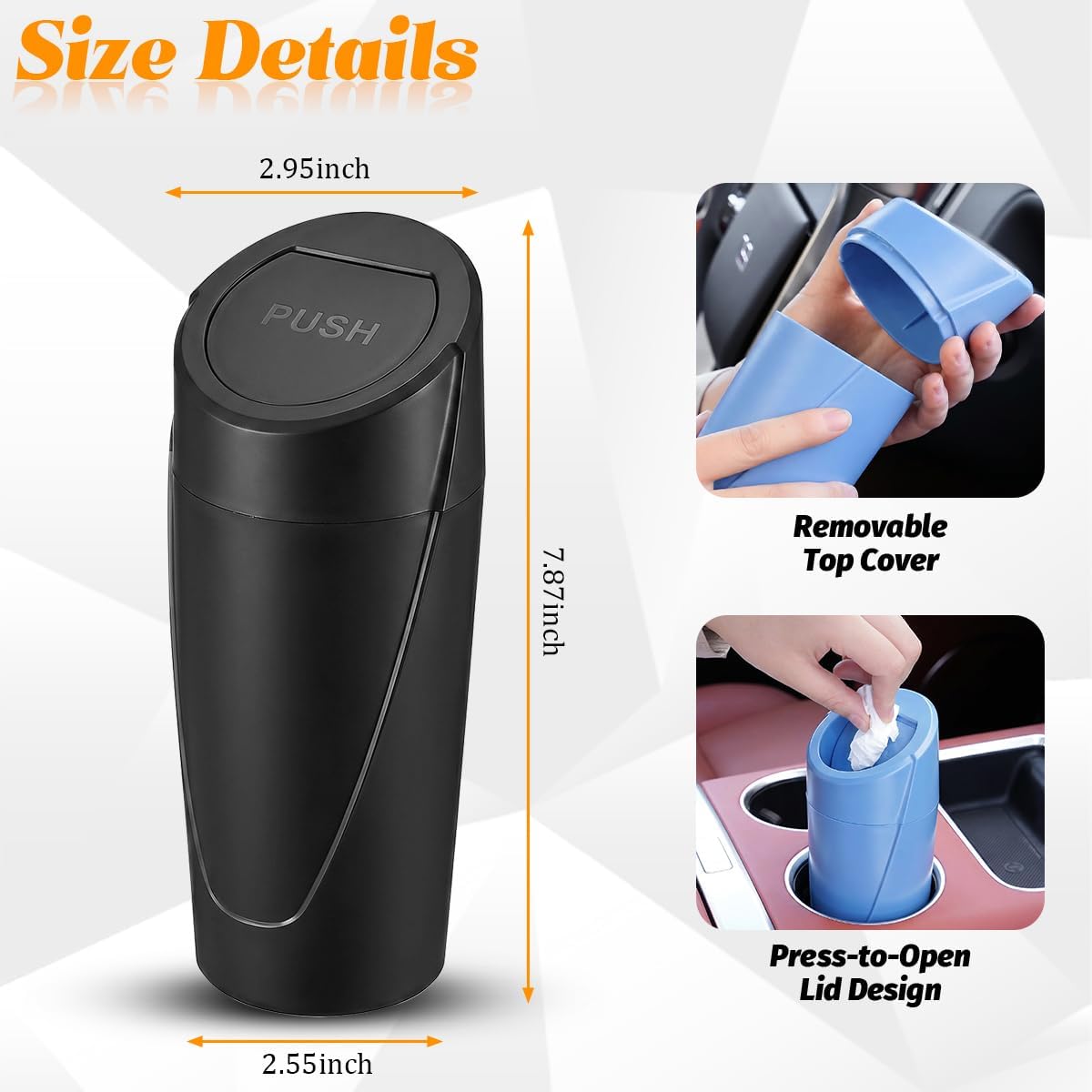 Car Trash Bin with Lid, Leak-Proof Portable Vehicle Cup Holder Garbage Can Dustbin with 2 Roll Trash Bags, Auto Interior Cup Holder Trash Bin Storage Organizer, Universal Fit (Black)