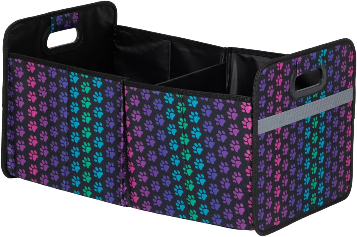 GreaterGood Paws Car Trunk Organizer Foldable Storage Bin with Handles Non Slip Base Pet Gear Travel Tote for SUV Truck (Flourish Paws)