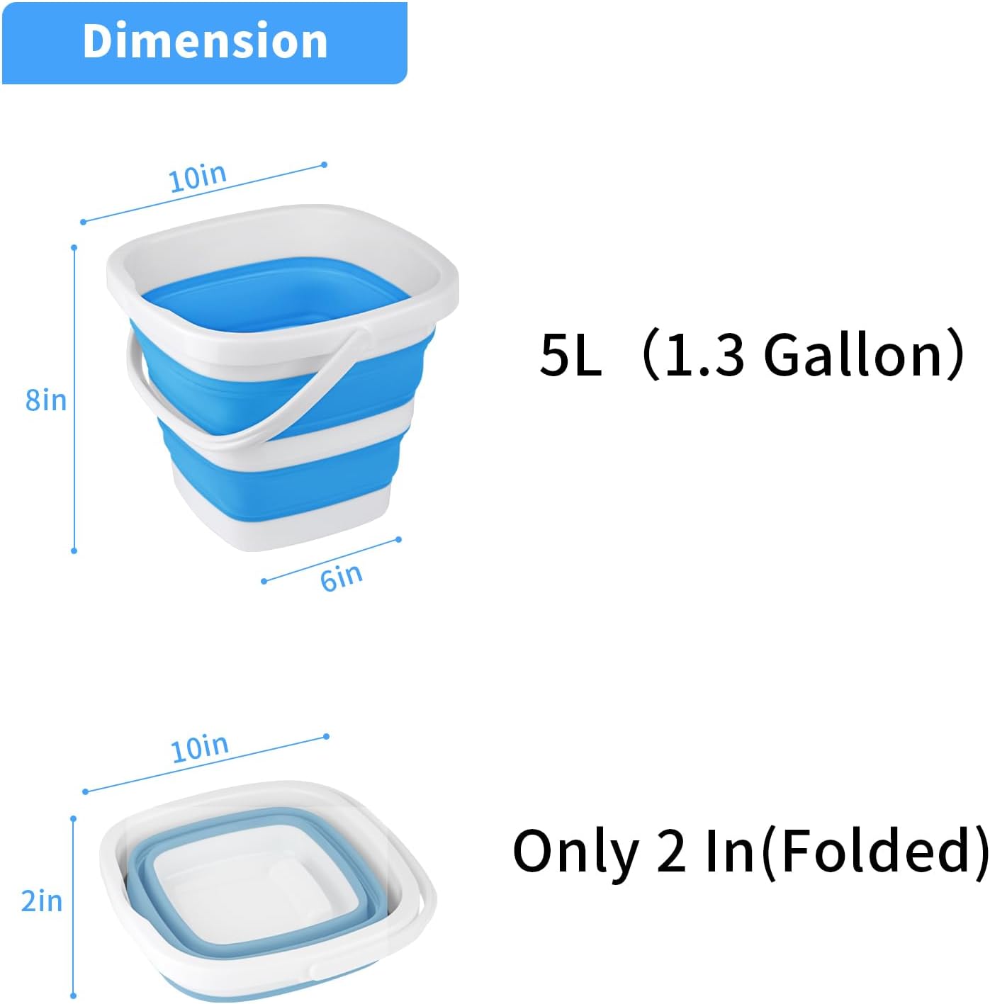 2 Pack Collapsible Buckets 5L 1.3Gallon Small Cleaning Bucket for Household Portable Plastic Bucket Outdoor Car Washing Tub Foldable Camping Beach Sand Water Pot Pail Space Saving Square Grey and Blue