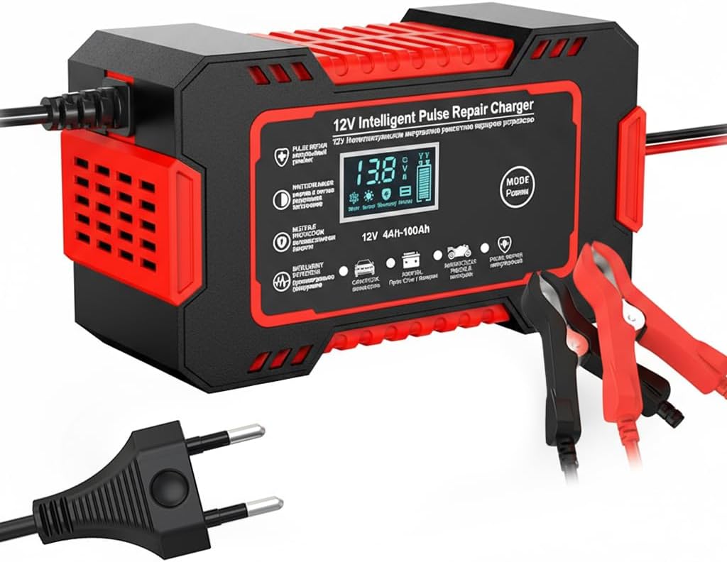 12V Smart Battery Charger for Toyota CHR 2017 2018 2019 2020 2021 2022, Car & Motorcycle Battery Charger, LCD Display, Auto Stop, Seasonal Charge, Multi-Protection,B Red