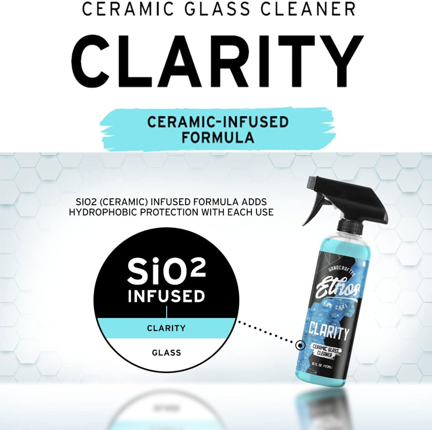 Ethos Clarity V2 – Ceramic Glass Cleaner &amp; Windshield Water Repellent | Streak-Free Auto Glass Cleaner for Car Windows, Mirrors &amp; Tinted Glass | Hydrophobic Protection