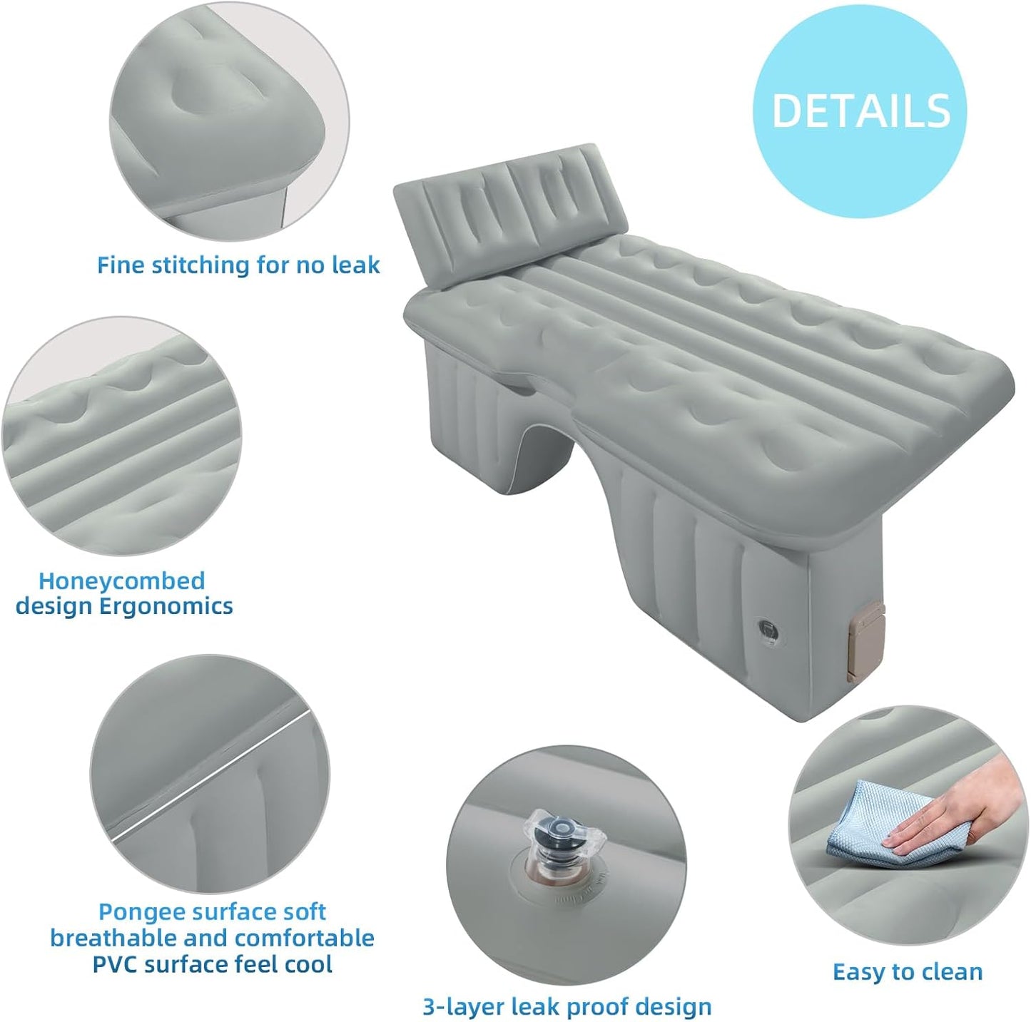 BEBAS Inflatable Car Air Mattress for Back Seat & SUV - All-in-One Design with Built-in Pump & Pillow, Quick 1-Key Inflation/Deflation, Comfort Portable Bed for Camping, Travel, Trucks | Gray