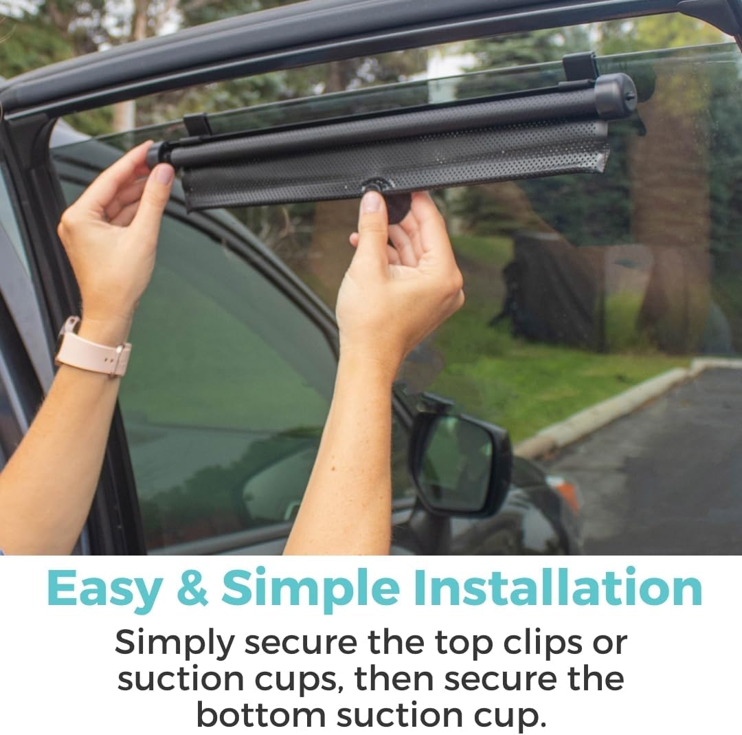 Toddleroo by North States - Extra Wide Car Window Shades for Baby: Car Shades for Side Windows - Retractable Pull-Down Roller - Black - 2-Pack