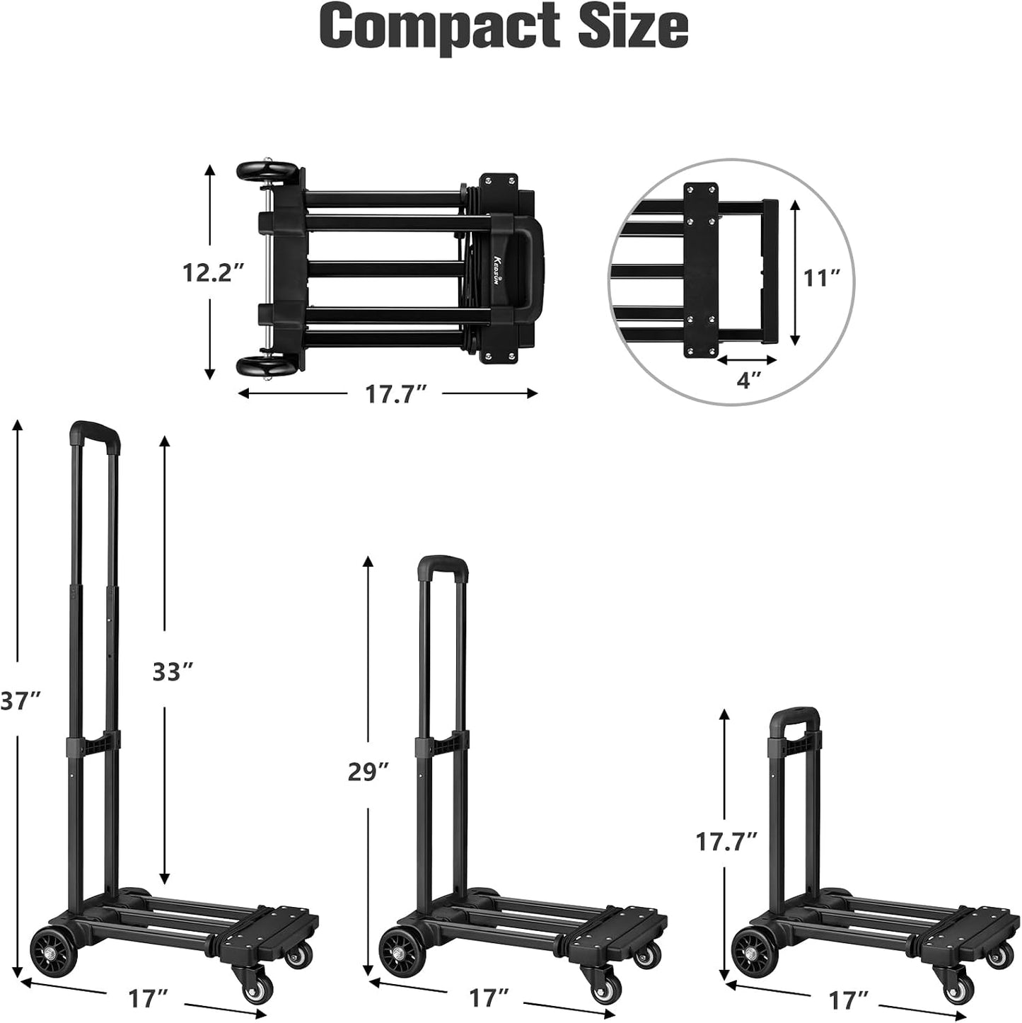 KEDSUM Folding Luggage Cart for Travel & Airport, 290lbs Foldable Hand Truck with Expandable Baseplate, Lightweight Portable Dolly 4 Wheels, Collapsible Small Dolly for Easy Moving & Storage