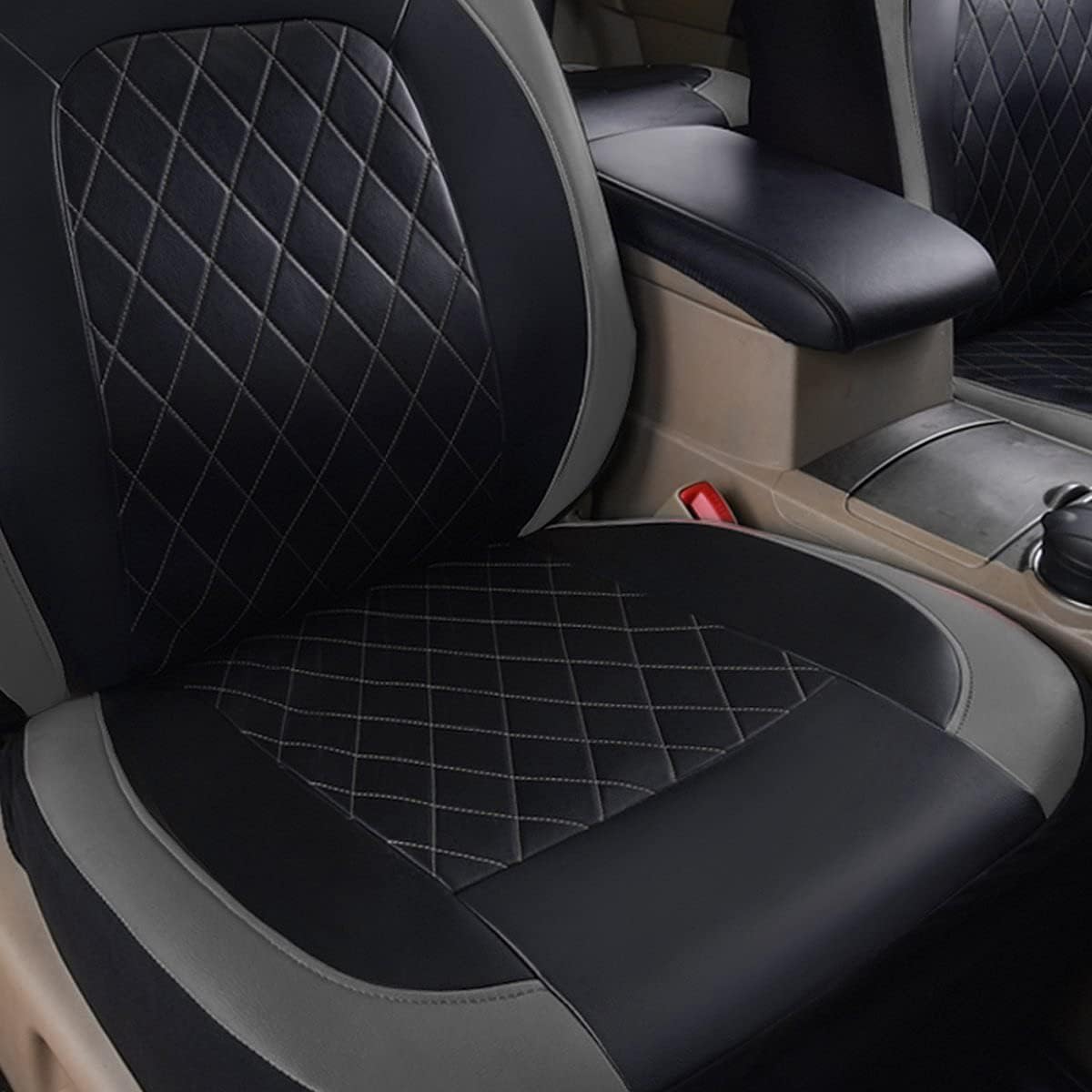 Deluxe Pu Luxury Leather Two Front Car Seat Covers, Waterproof Faux Leather Automotive Seat Covers 6 Pieces Airbag Compatible Universal Fit for Most Sedans SUVs Vans (Black and Grey)