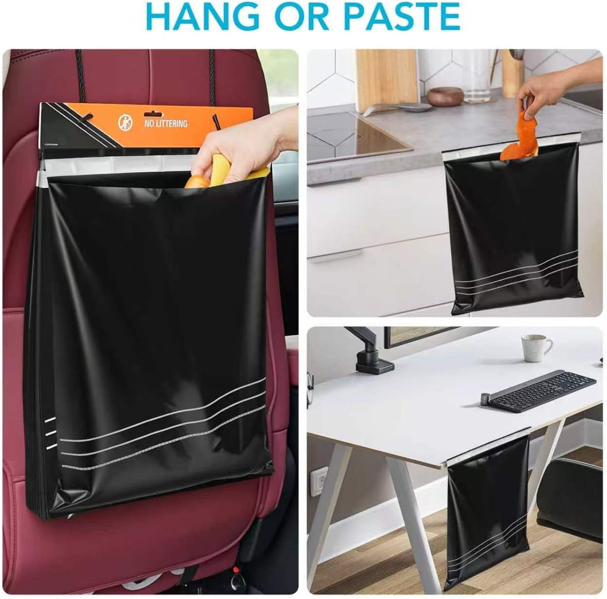 50 Pcs Disposable Car Trash Bags – Leakproof & Odor-Lock 2 Gallon Hanging Auto Garbage Bags – Hanging from Headrest/Easy Stick-On Trash Can for Car, Truck, SUV, Travel & Ride-Share