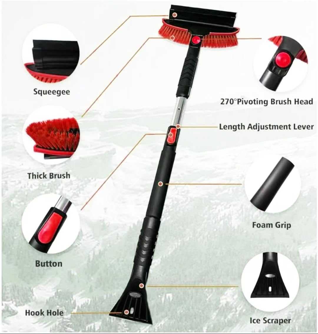 42" Extendable Snow Brush & Ice Scraper for Car Windshield, Heavy Duty 180° Pivoting Black Cleaning Broom for Auto SUV Truck, Detachable Snow Removal Tool with Telescoping Aluminum Rod