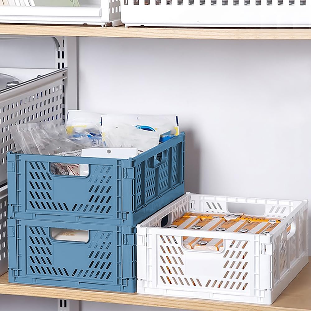 Plastic Drawer Organizer Collapsible Storage Boxes Crate,4-Pack Stackable Folding Storage Basket Closet Containers Toy Organiser for Home Office Bedroom Kitchen Drawer Pull Out Under Bed-Blue