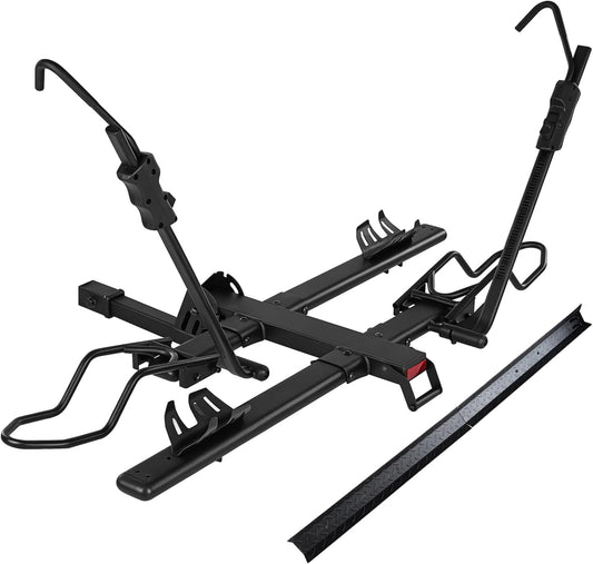MEEVIZ Ebike Rack with Ramp for Tow Hitch, 200lbs Capacity for Heavy Duty Electric Bike Fat Tire, Smart Tilting & Foldable Platform Carrier for Car, SUV, Truck, Van with 2" Receiver