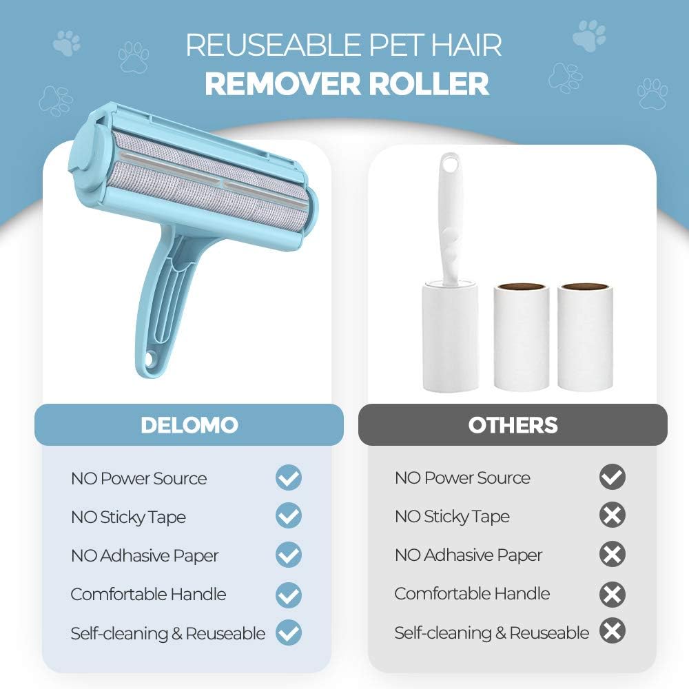 DELOMO Pet Hair Remover Roller: Reusable Lint Roller with Large Fur Bin - Portable Cat and Dog Hair Remover for Couch, Bedding, Car, Rugs & Furniture, Effective and Eco-Friendly, for Multi-Pet Homes
