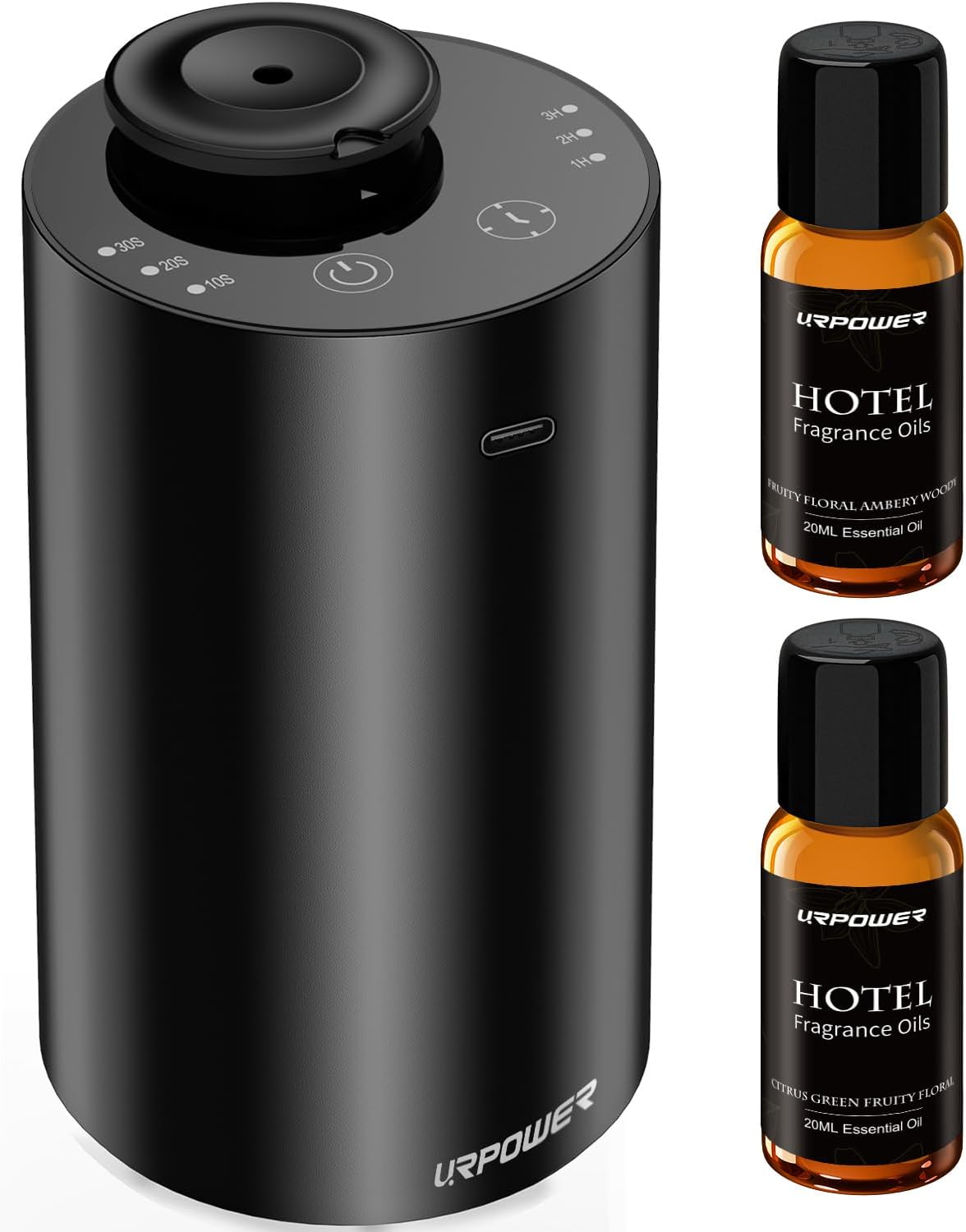 URPOWER Waterless Essential Oil Diffuser: No Water Needed Battery Operated Scent Diffuser - 2 * 20ML Hotel Fragrance Essential Oils - Cordless & Mini Oil Machine Aluminum for Car Home Office(Black)