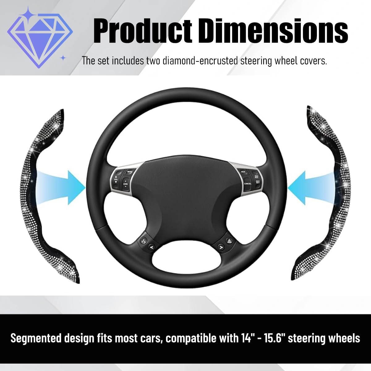 2PCS Rhinestone Segmented Steering Wheel Covers, Pink