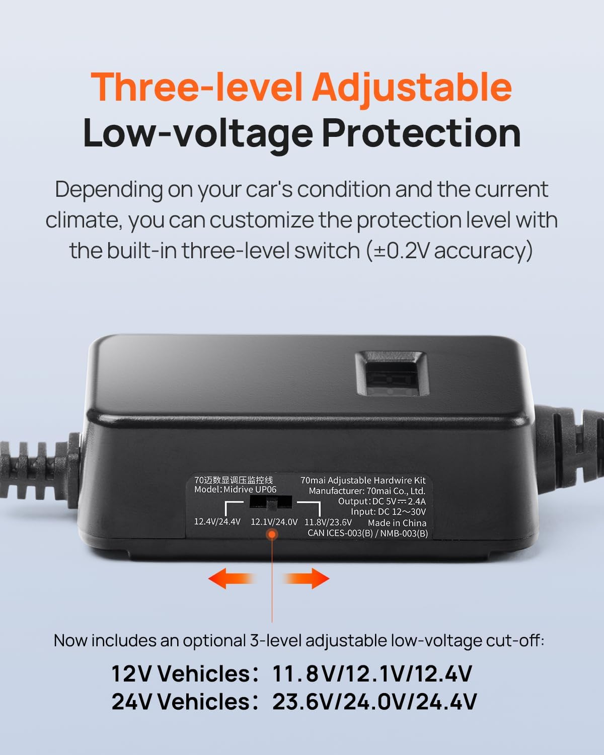 70mai Adjustable Hardwire Kit UP06 for Type-C Dash Cams, 3-Level Low Voltage Protection, Real-Time Voltage Display, 24H Parking Mode for M310/A510/A500S/A810/A800SE/X800/T800/ A810 Lite Car Cameras
