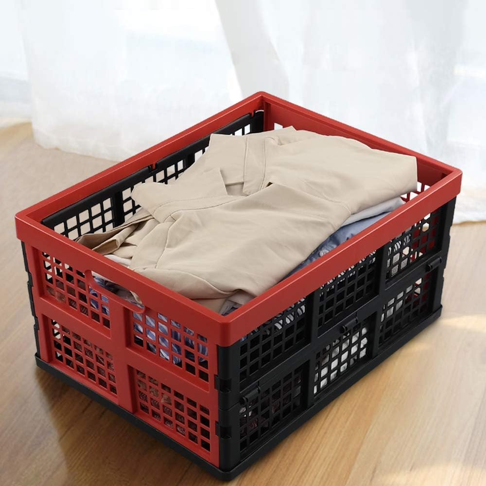 Hespama 35 QT Plastic Folding Milk Crates, Collapsible Storage Bins, 2 Pack