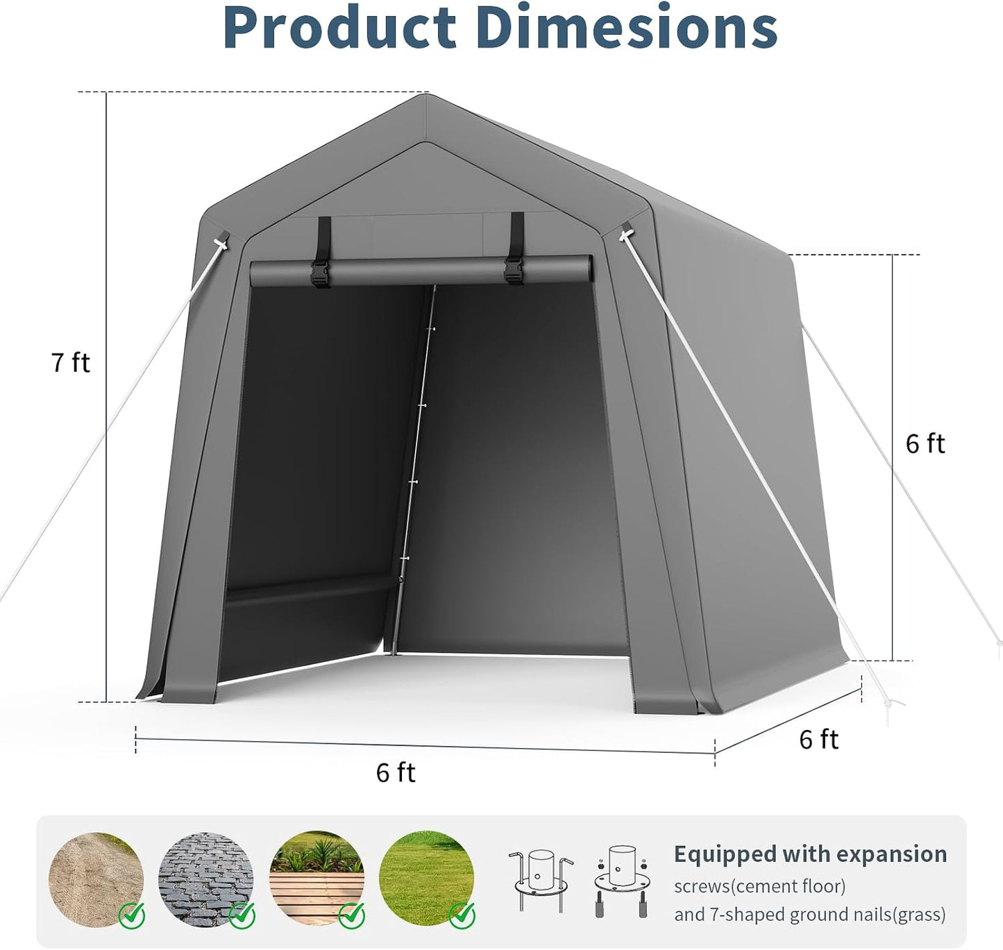 Portable Carport Storage Shed, 6' x 6' Motorcycle Tent, Waterproof & UV-Resistant with Roll-Up Zipper Doors, Gray Outdoor Shelter for Bikes, Tools & Equipment