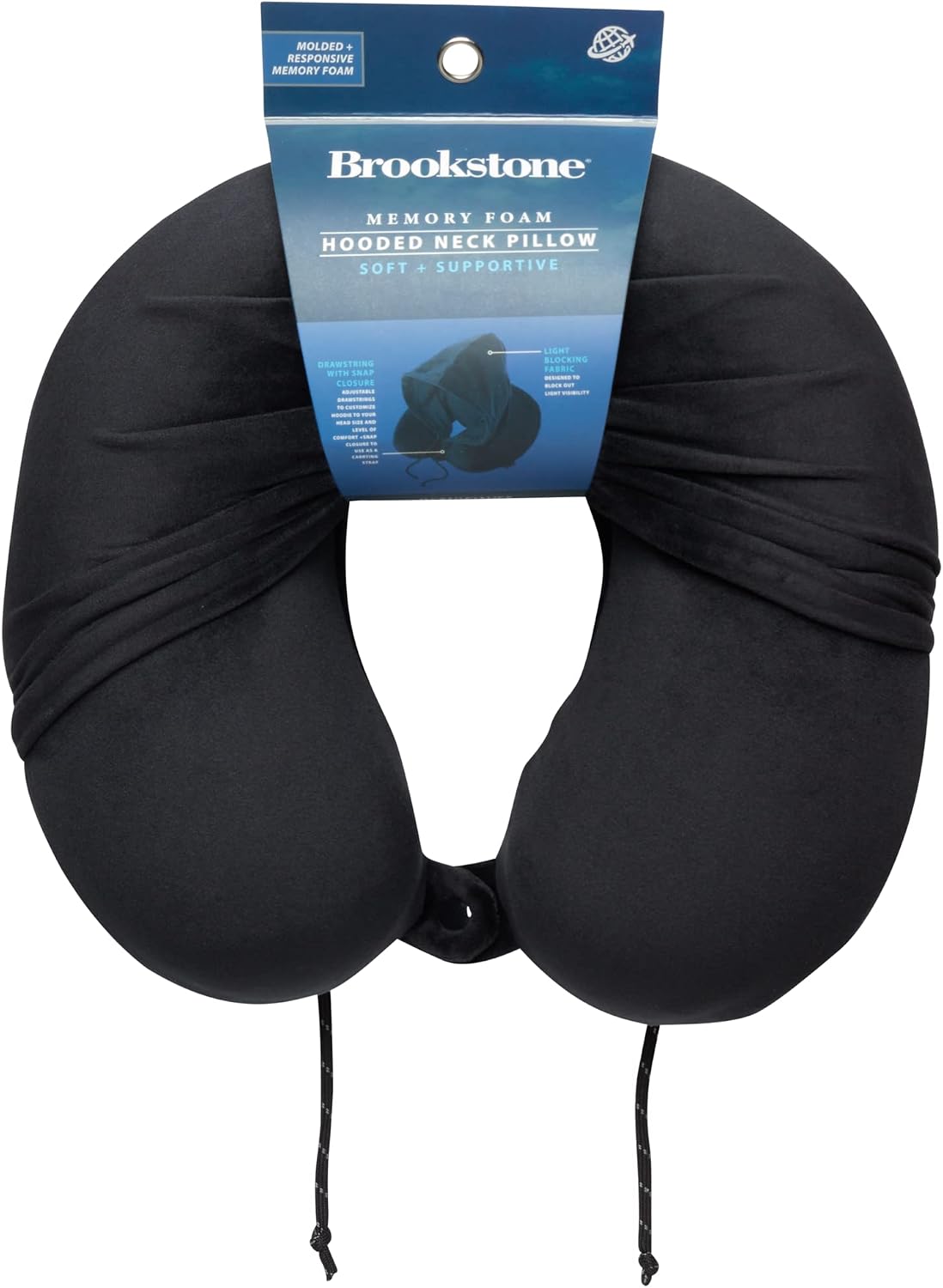 Brookstone Neck Travel Pillow - U-Shaped Memory Foam Hooded Neck Pillow with Snap Closure for Sleeping Airplane Car Travels, Size One Size, Black