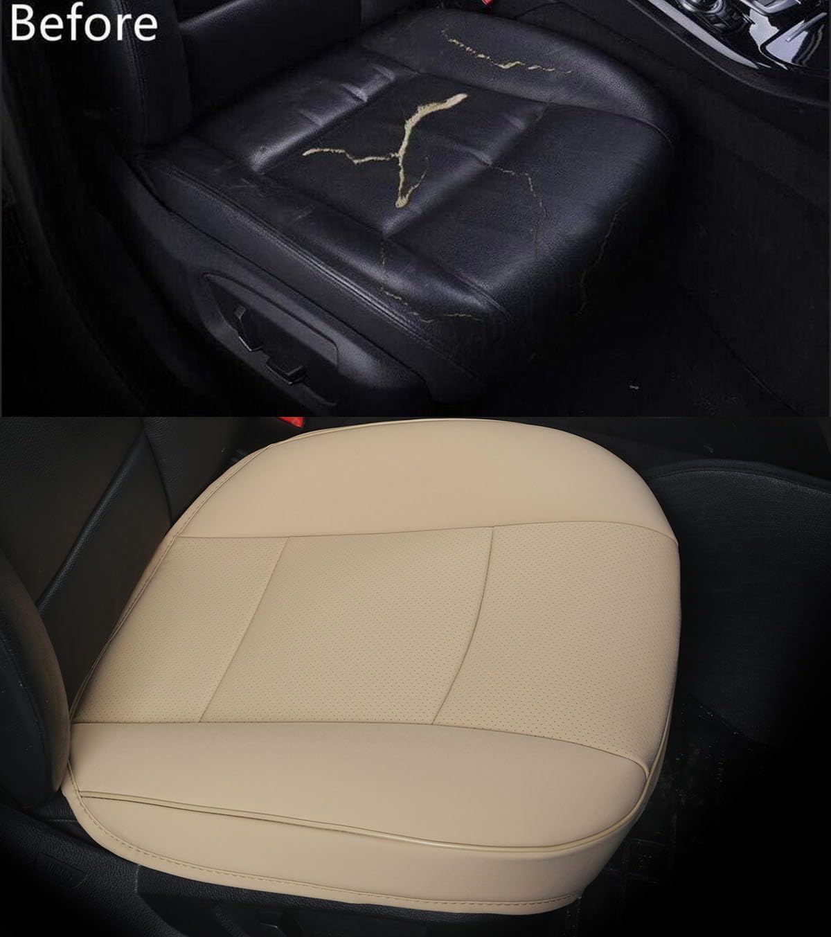 PU Leather Car Bottom Seat Cover Front Car Seat Protection Cover for Most Four-Door Sedan&SUV,Ultra-Luxury Single Seat Cover Without Backrest 1PCS (W 20.8× D 21× T 0.2inch) (3D-Beige)