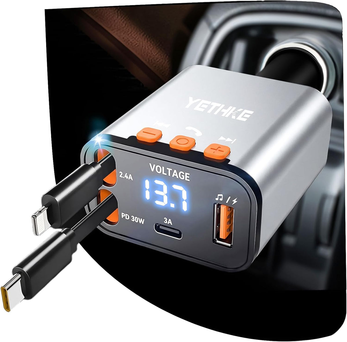 Bluetooth Car Adapter with Retractable Charger,[Upgrade] Bluetooth 5.4 FM Transmitter for Cars, 4 in 1 Fast Car Charger 69W, Handsfree Call, 2*Retractable Cable for iPhone 17/16/15/14, Galaxy-Silver