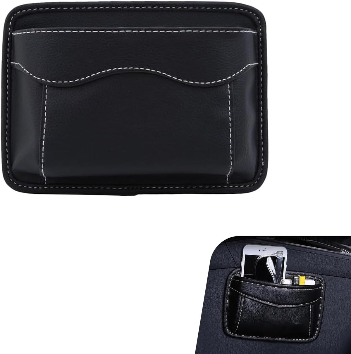 Car Seat Side Pocket Organizer, Black PU Leather Mini Auto Seat Storage Bag, Pen Phone Holder Tray Pouch Vehicle Seats Gap Filler, Universal Organize for Documents Registration Notepad