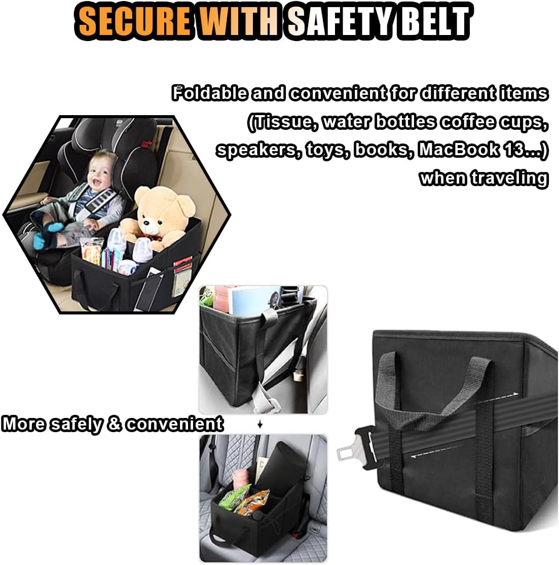 GLSOWEE Car Seat Organizer, Foldable Car Storage Organizer with 4 Cup Holders, Rear & Front Seat Storage Bags, Black