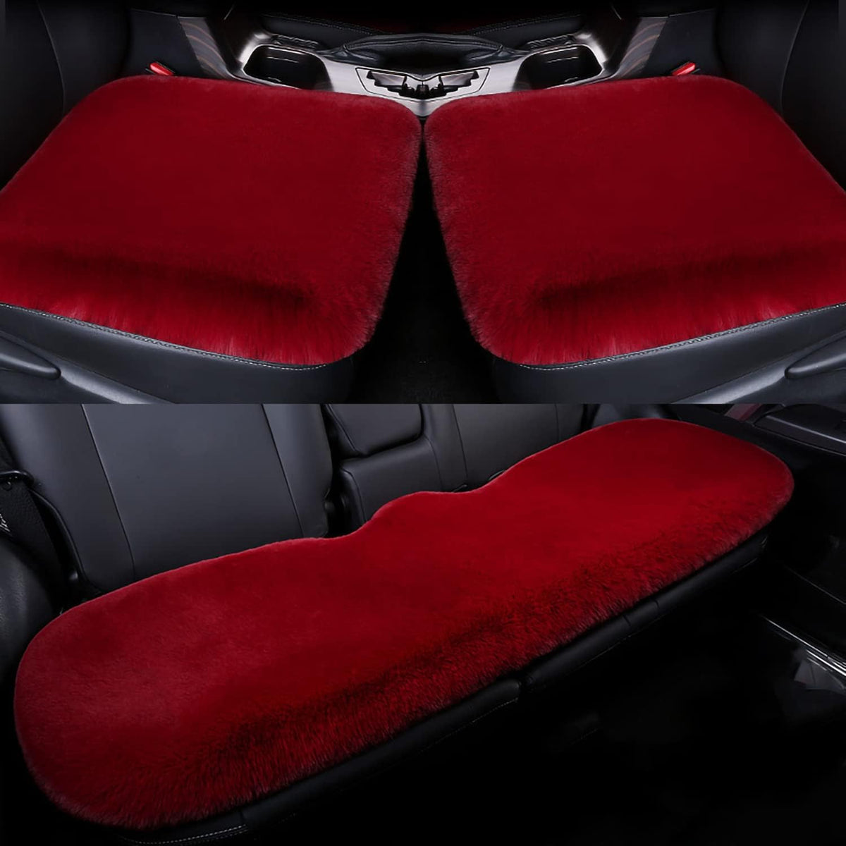 1 Set 3 pcs Soft Fluffy Auto Seat Cover Faux Wool Auto Front & Back Seat Pad Car Seat Cover Protector Cushion Soft Warm for Winter Mat Universal Fit (Wine red)