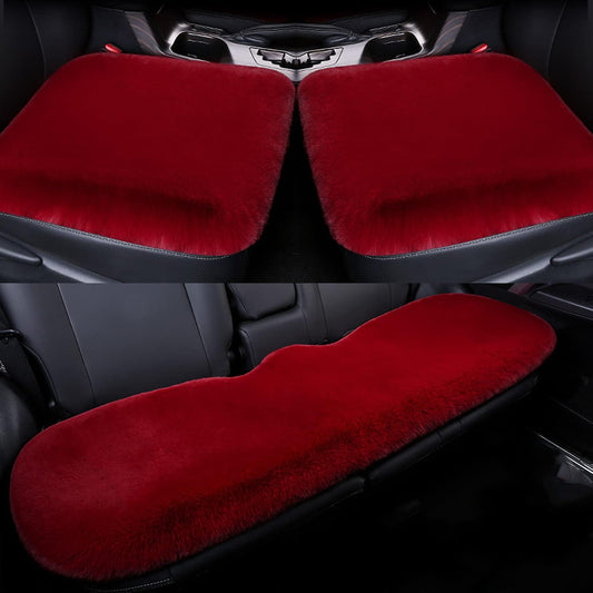 1 Set 3 pcs Soft Fluffy Auto Seat Cover Faux Wool Auto Front & Back Seat Pad Car Seat Cover Protector Cushion Soft Warm for Winter Mat Universal Fit (Wine red)