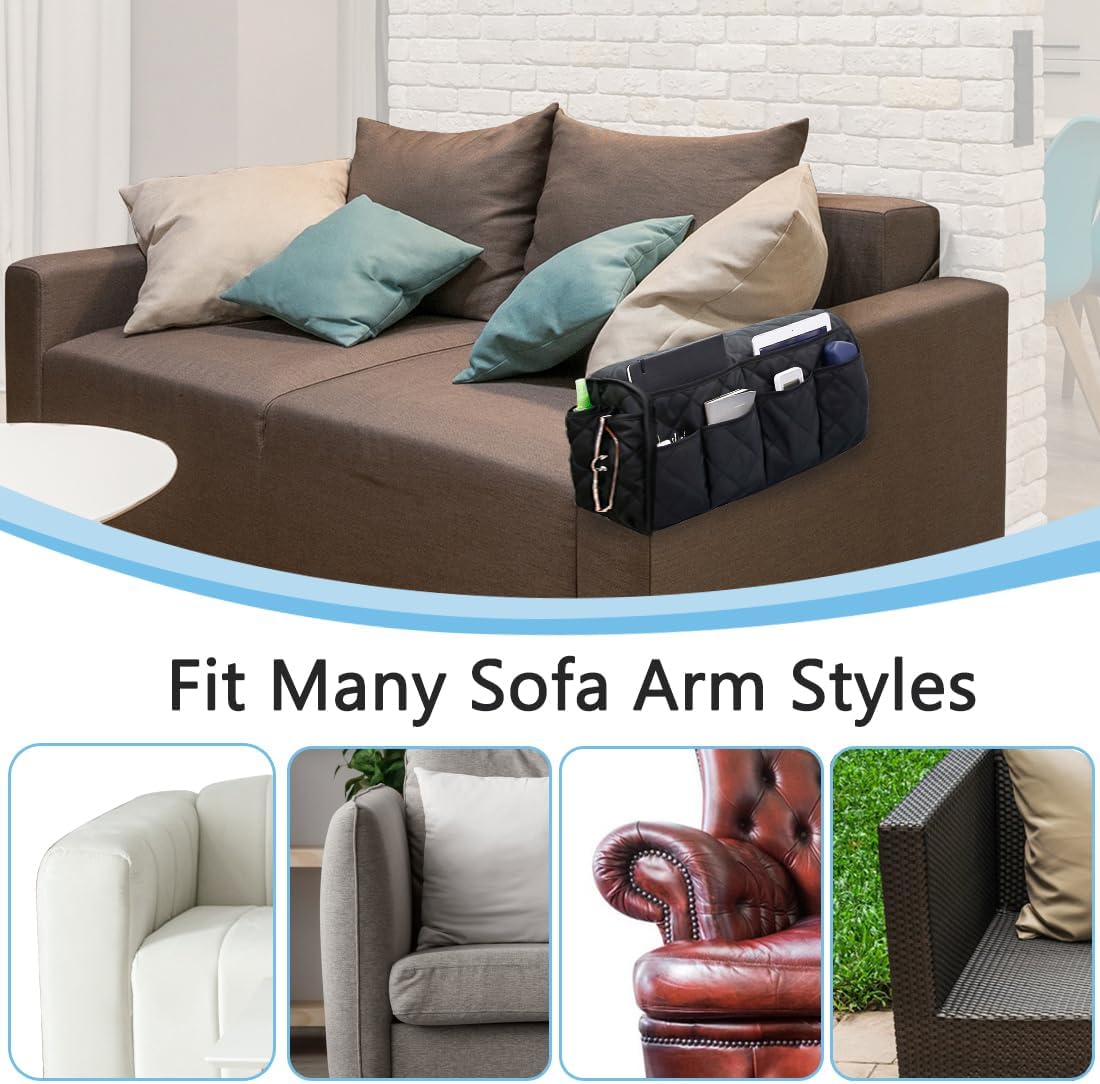 Sofa Armrest Organizer Non-Slip Arm Chair Bedside Caddy Storage Organizer for Recliner Couch with 14 Pockets for Cell Phone TV Remote Control Magazines (Black)