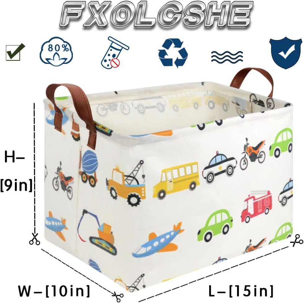 FXOLCSHE Rectangular Car basket,Car toy storage box,Collapsible Car Storage basket for boys,Waterproof PE Coating Storage,bedroom decor,Nursery hamper,Toy Organizer,Gift Basket(Vehicles)
