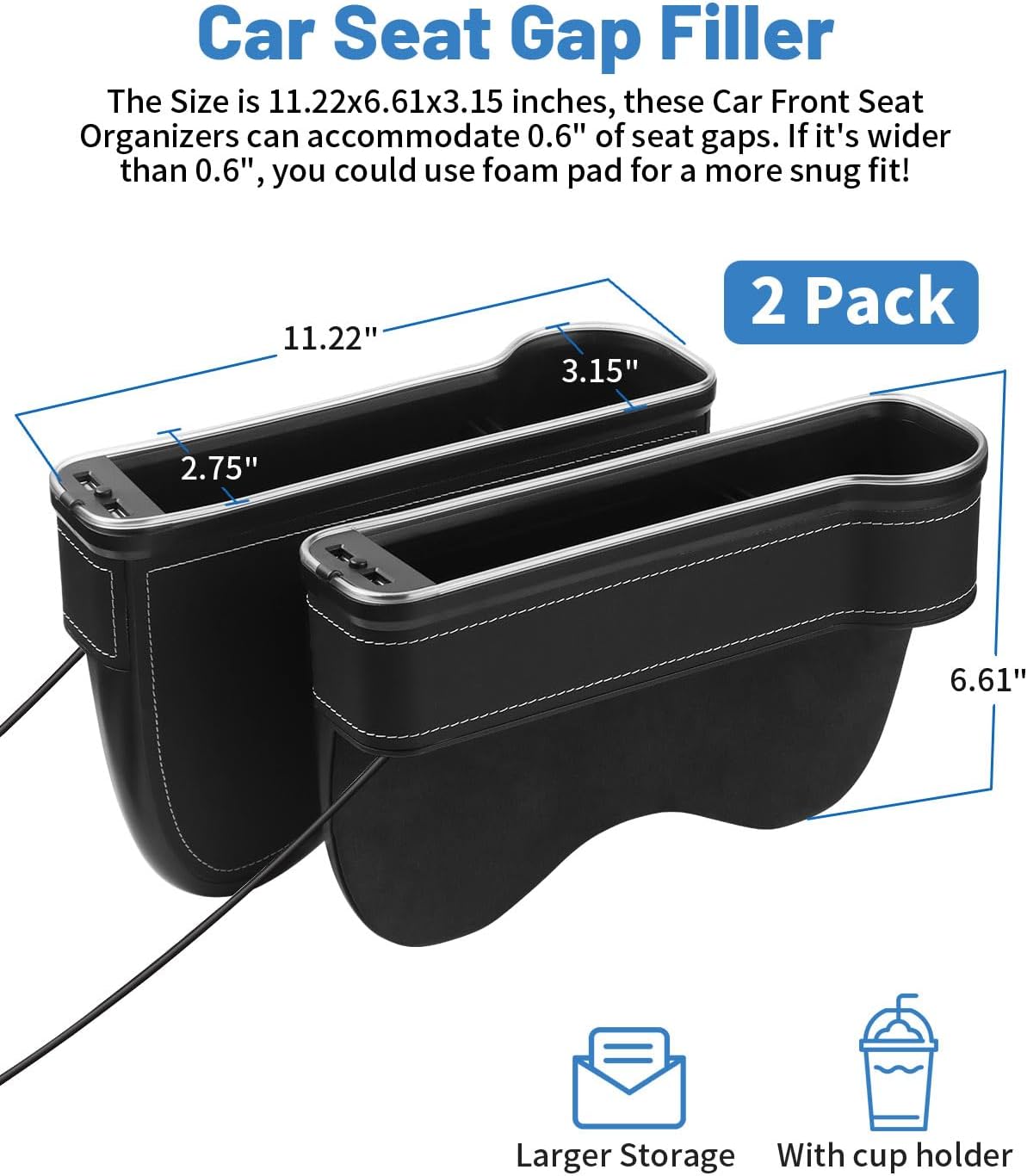 Shademax RGB Color Changing LED Car Seat Gap Filler Organizer Console Side Seat Gap Storage Box with Cup Holders and USB Chargers for Car Interior Accessories (2 Pack)