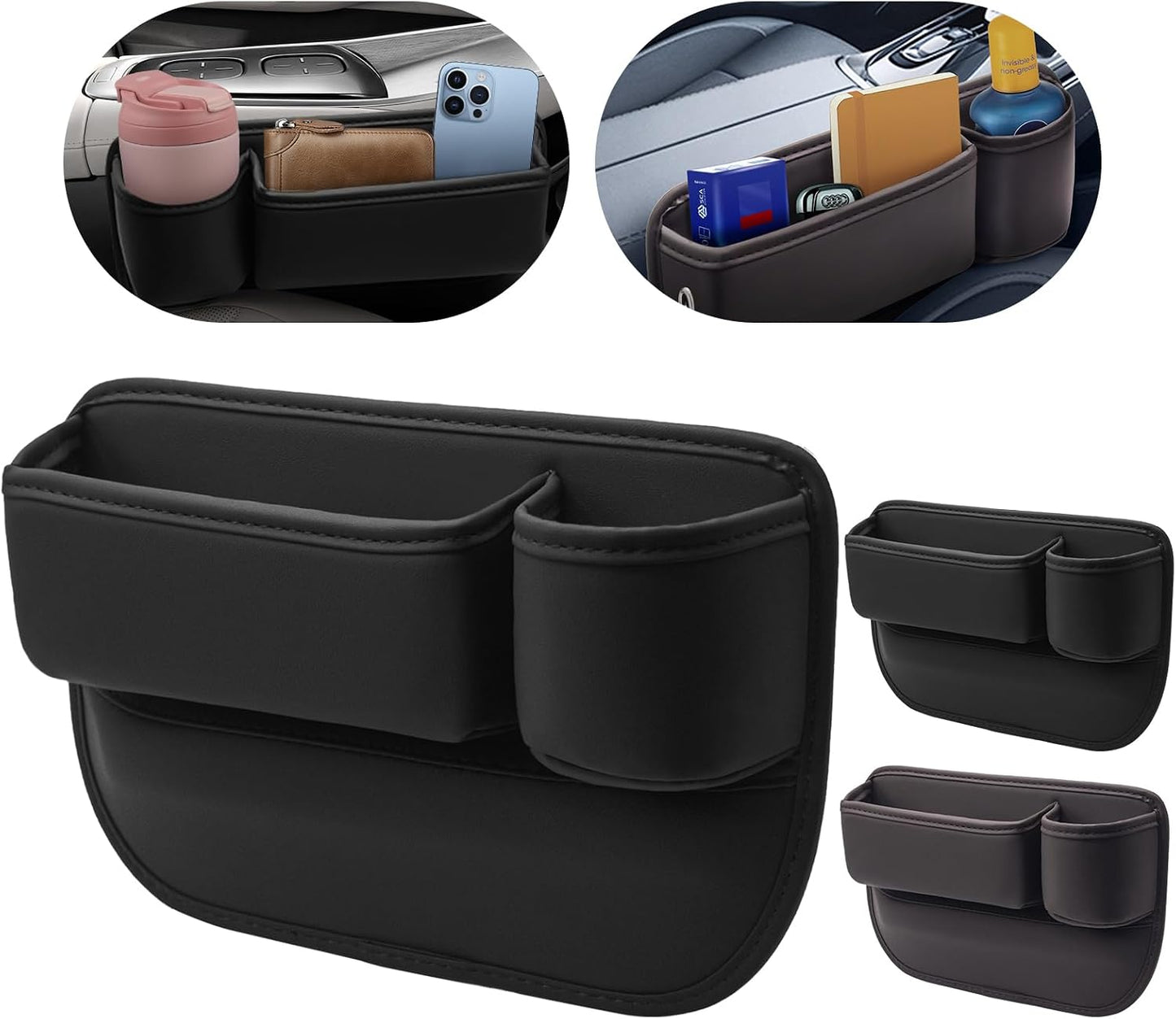 Car Leather Cup Holder Gap Bag 2-Piece Car Seat Gap Filler with Cup Holders for Cups Glasses Keycard (Main and Passenger) (Classic Black)