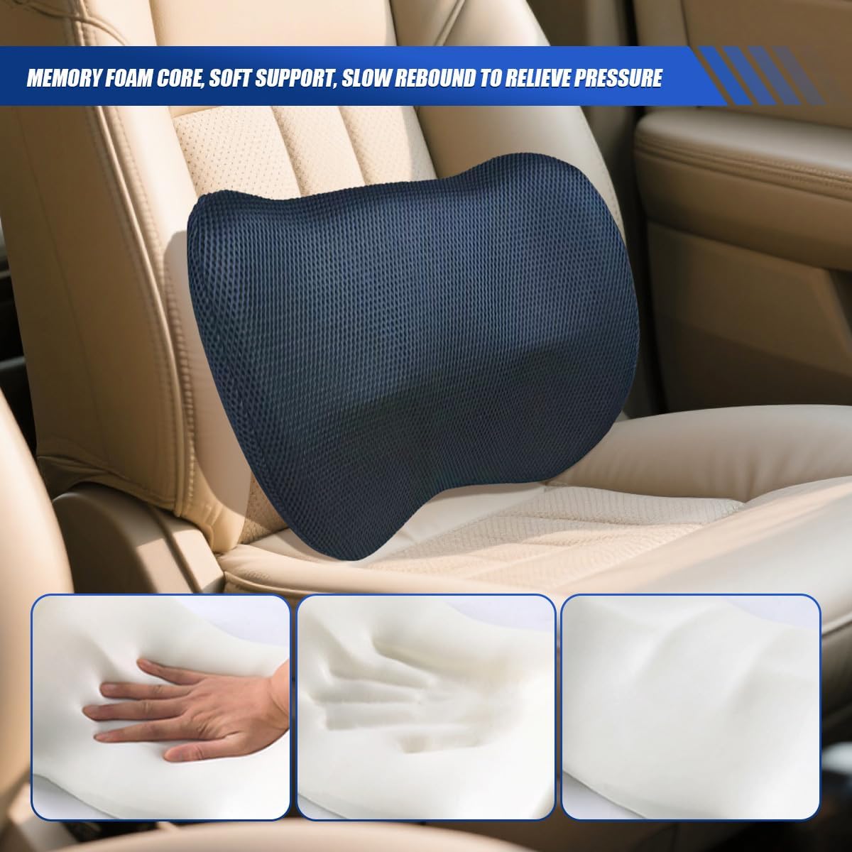 Car Lumbar Support Pillow, Breathable Memory Foam Car Seat Back Cushion for Comfortable Driving, Universal Auto Interior Rest Pillow for Home, Office, Wheelchair (Blue)