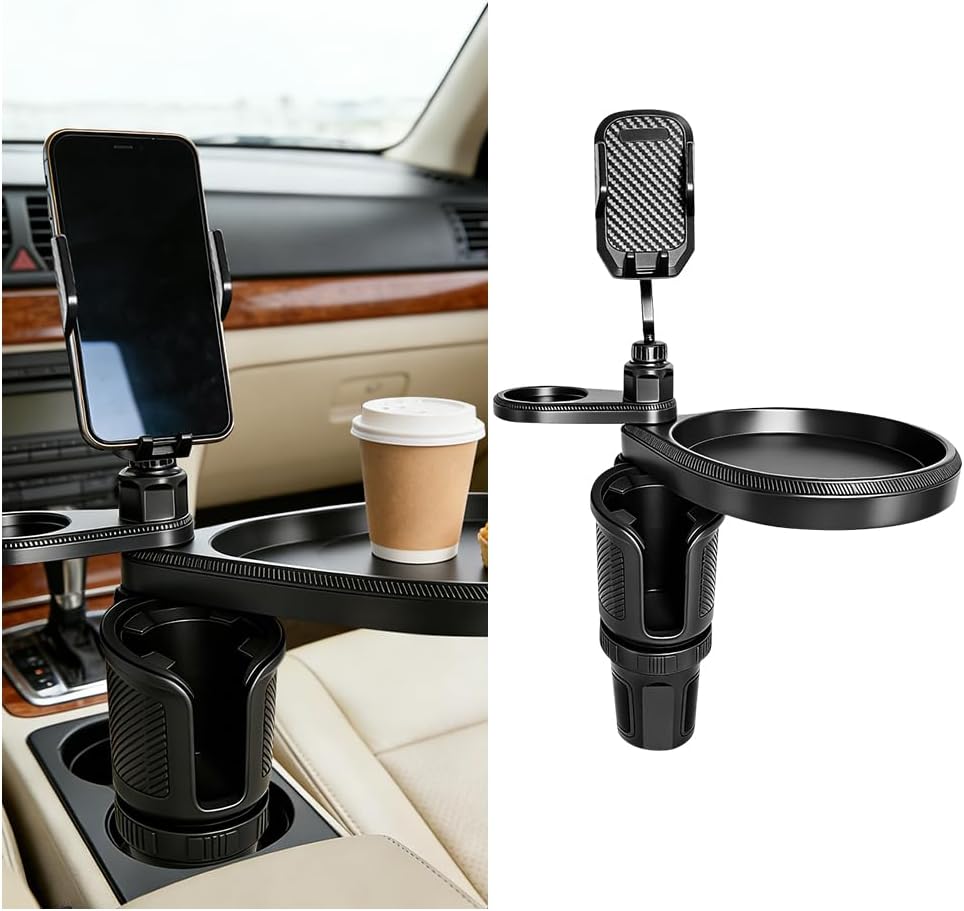 Car Cup Holder Tray, 4-in-1 Vehicle Drink Holder Expander Adapter with Phone Holder & Food Tray Table, Auto Center Console Cupholder Eating Table Organizer for Road Trip, Universal Fit (Gray)