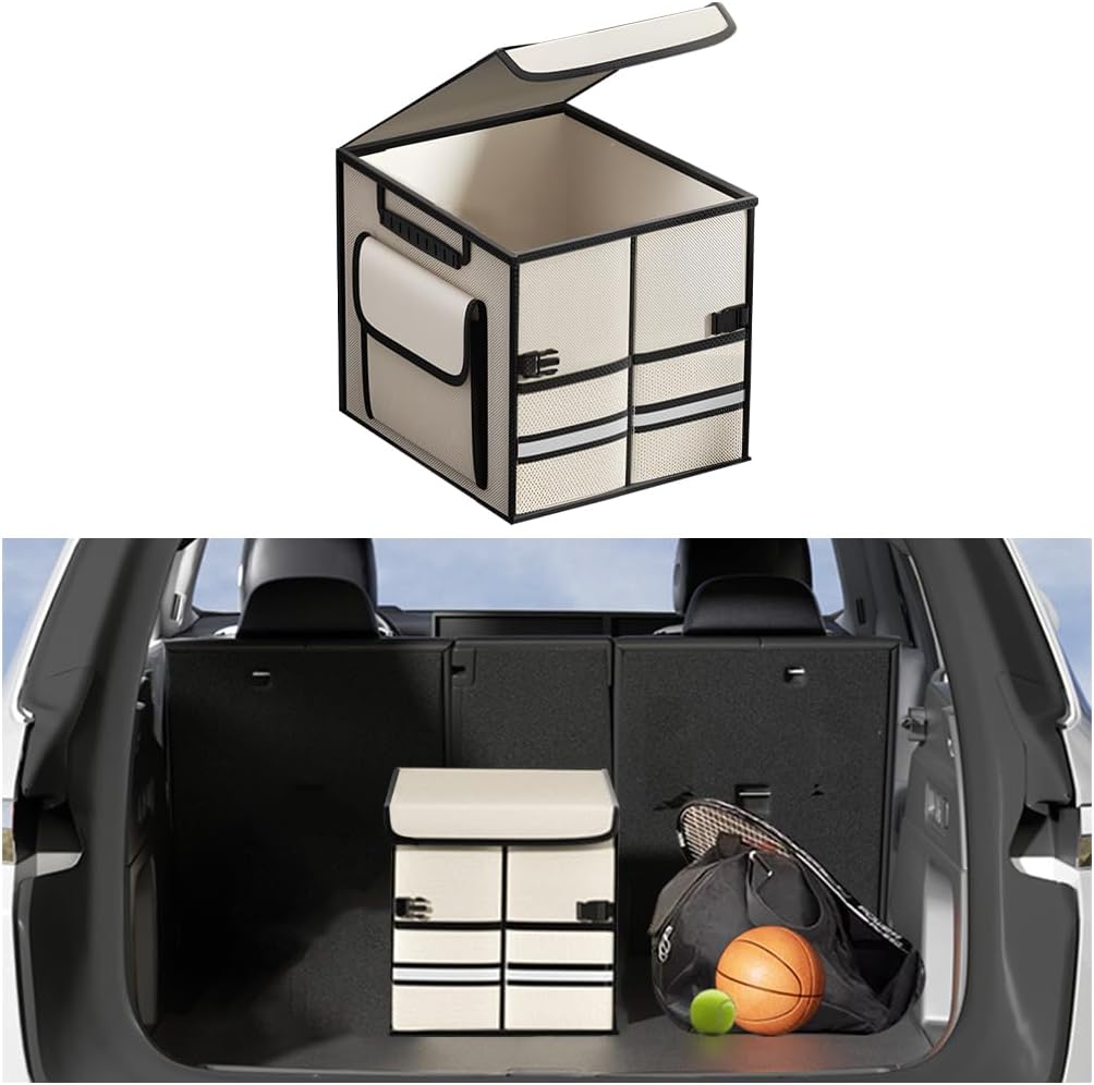 Car Trunk Organizer, Multi-Compartment Collapsible Vehicle Cargo Storage Organizer with Lid, Non Slip Waterproof Storage Box with Reinforced Handles, Universal Automotive Accessories (Beige)