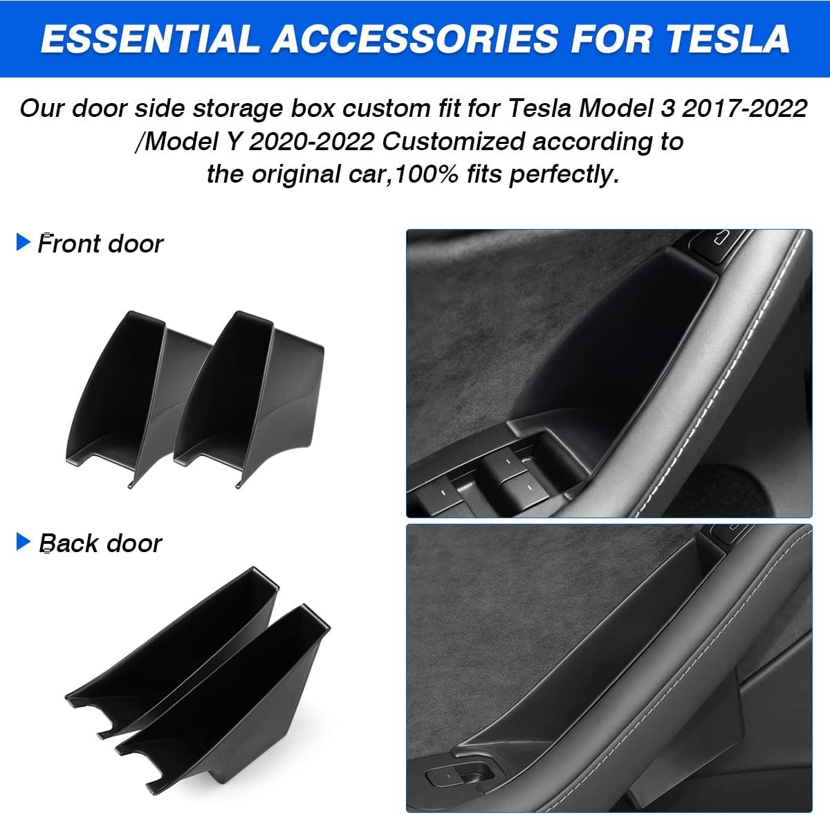 Autorder Custom Fit for Door Side Storage Box Tesla Model 3 2017-2023/ Model Y 2020-2023 Accessories Armrest Phone Container Door Organizer Handle Pocket Tray Black Set of 4