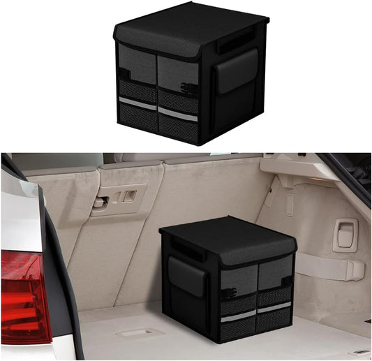 HZEL Car Trunk Organizer with Lid, Foldable Slip Resistant Multi-Compartment Vehicle Cargo Storage Box, Collapsible Waterproof Automotive Trunk Organizer, Universal for SUV Van Truck (Black)