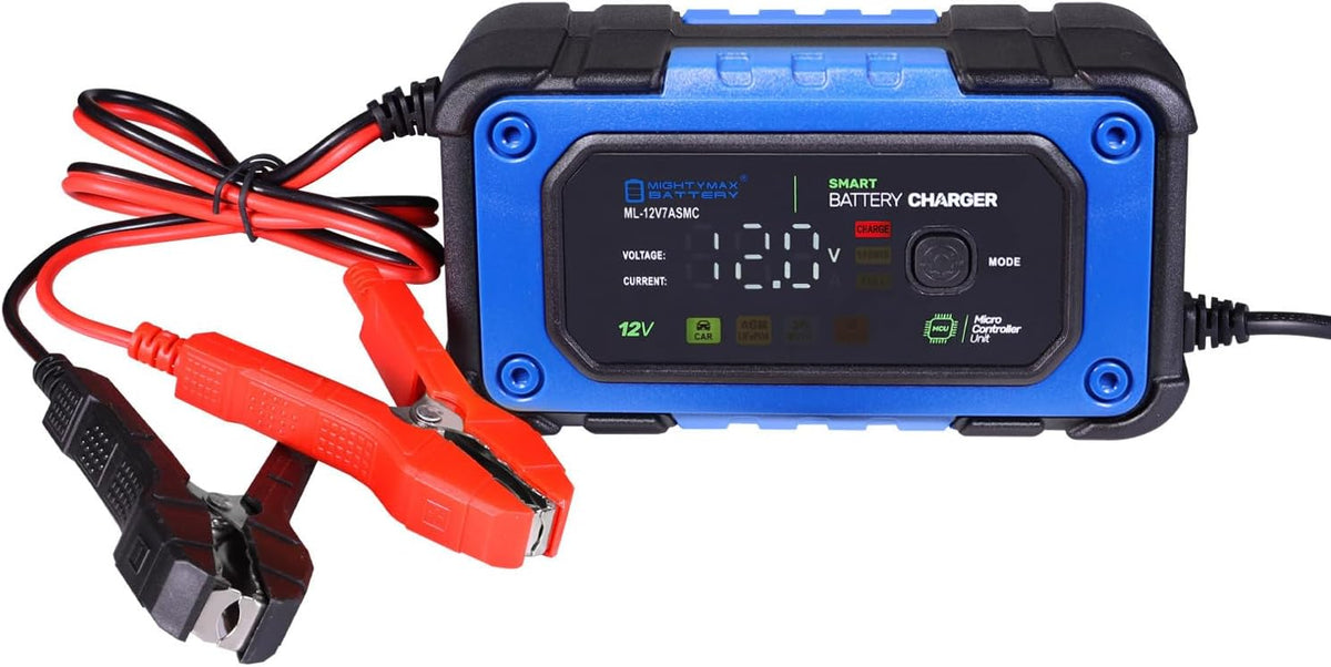 Mighty Max Battery 12V 7A Smart Battery Charger and Maintainer with Repair Mode Compatible with LiFePO4, SLA, Gel, AGM and Wet Cell Batteries