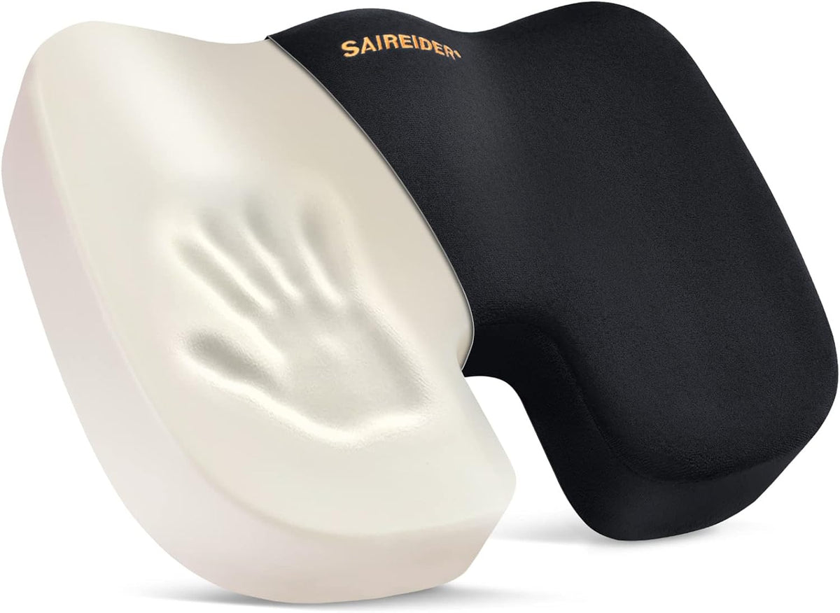 SAIREIDER Office Chair Cushion, Car Seat Cushion, Memory Foam Coccyx Cushion Pads for Tailbone Pain, Sciatica Relief Pillow, Correct Sitting Posture (Black)