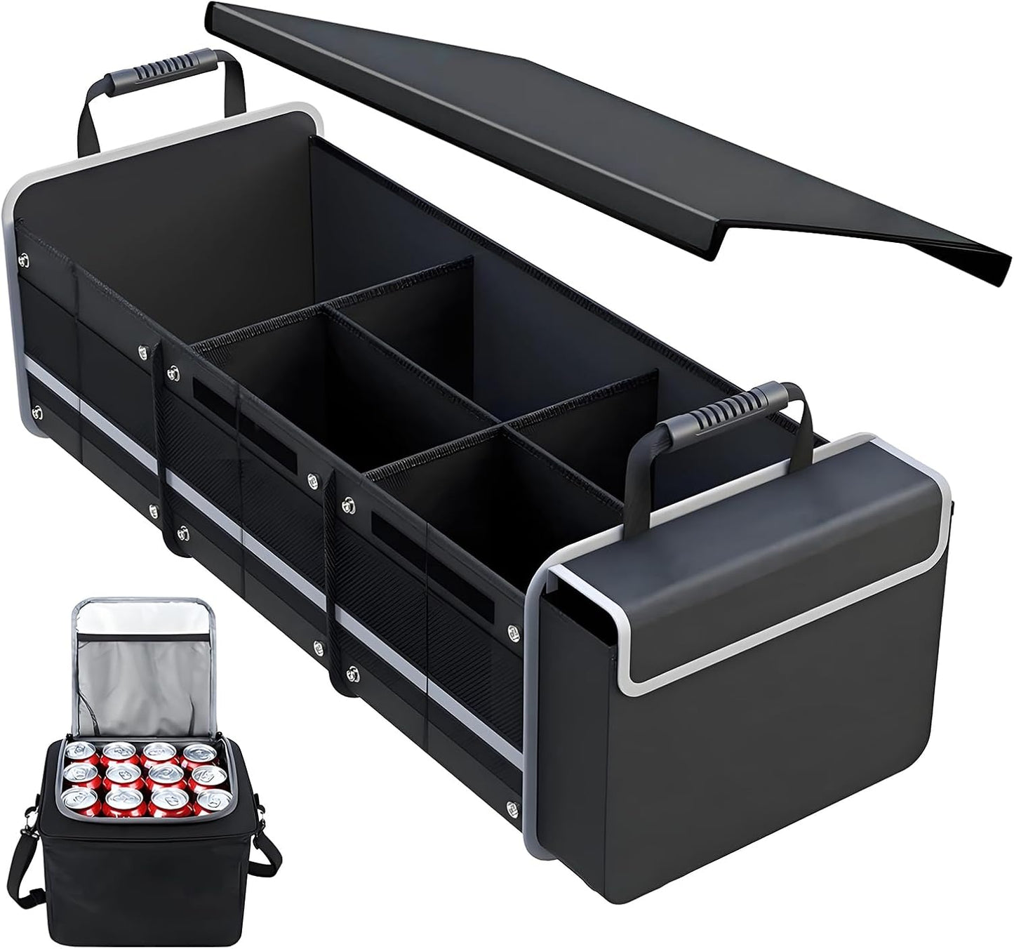 Car Trunk Organizer with Cooler Bag, Collapsible Multi-Compartment Storage Organizer for SUV Truck, Durable Car Cargo Organizer for Groceries Camping Travel