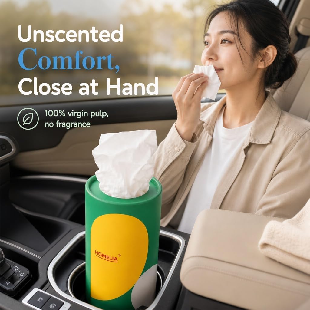 Car Tissues for Cup Holder - 240 Count, 4 Pack, Refillable, 3-Ply