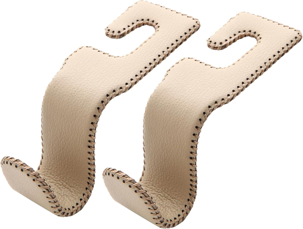 AMVOYOA U-Shaped Car Leather Hooks – Car Purse Holder, Headrest Hooks for Car, Back Seat Organizer - Elevate Your Travel Experience!(Beige)