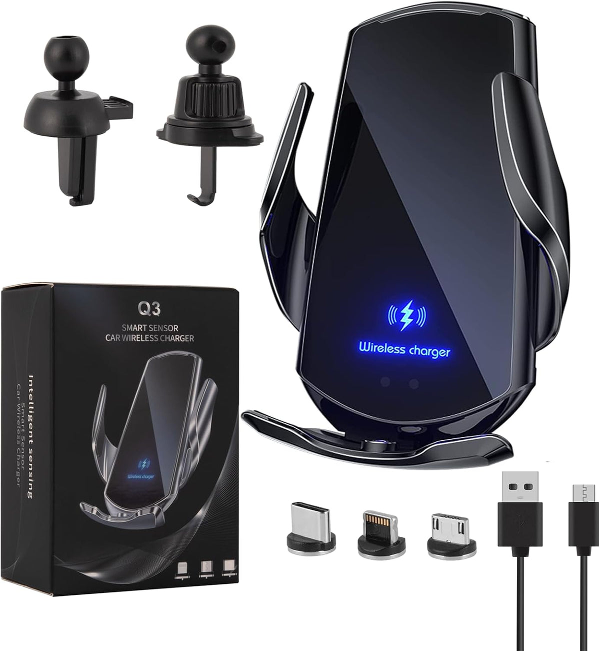 Wireless Car Charger Car Phone Holder Mount Wireless Charging 15W Fast Charging Auto Clamping Car Charger Phone Mount Holder fit for All Android Smartphone(Black)