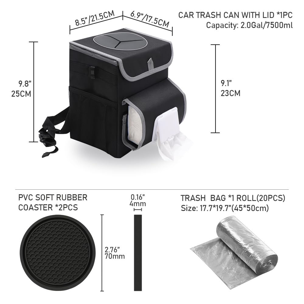 upra Car Trash Can with Lid,Bag Hanging Storage Pockets,Adjustable Tissue Holder & Straps,Portable Waterproof Garbage Bin, 1.98 Gal Large Capacity Multipurpose Bin
