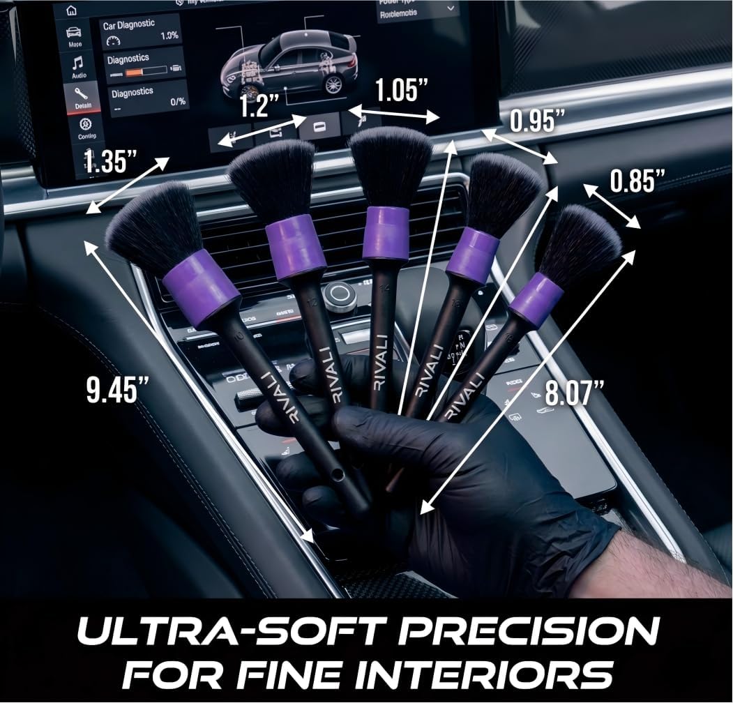 Rivali Car Care 5-Piece Car Interior Detailing Brush Set, Soft Scratch Free