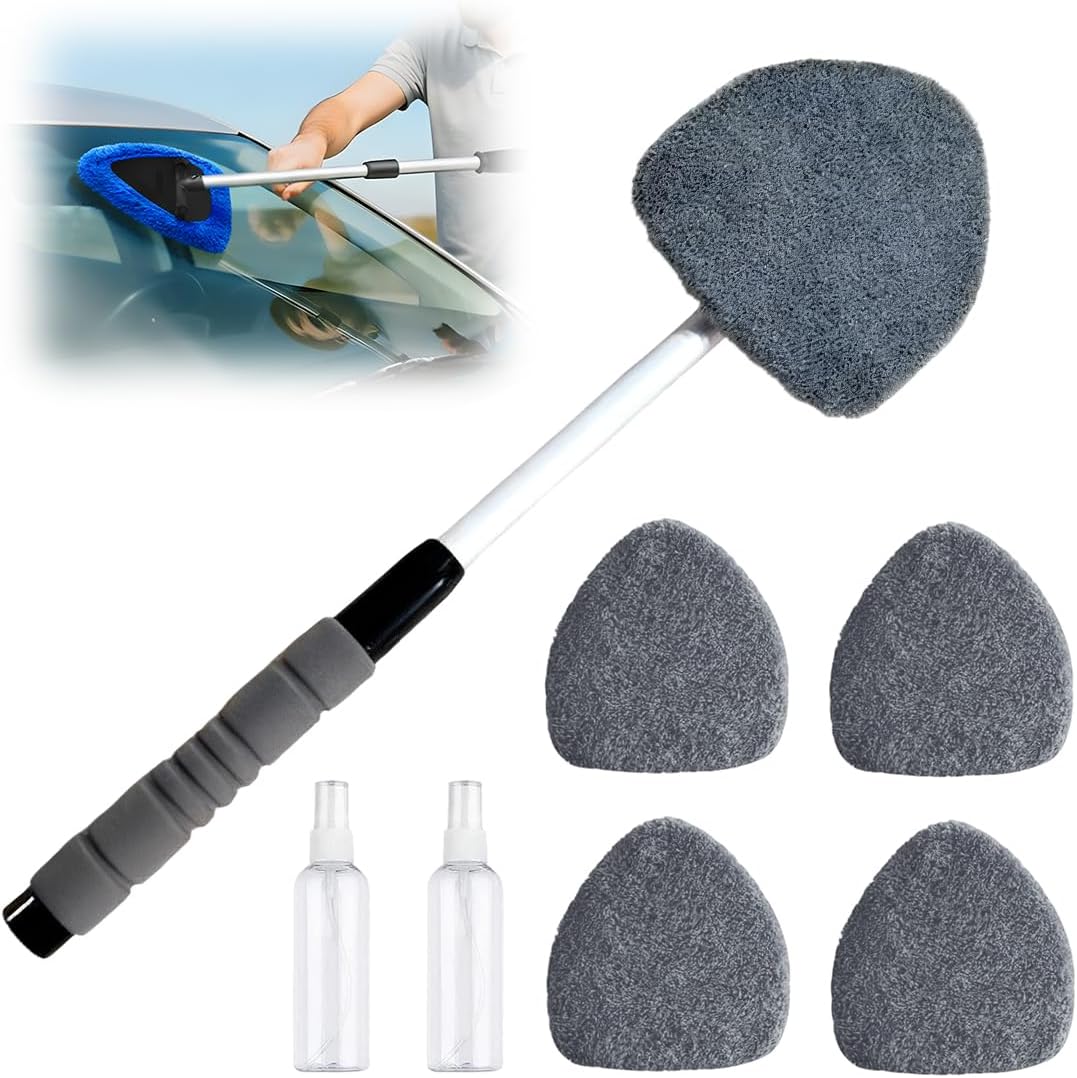 Windshield Cleaner Tool, 180 Degree Rotatable Inside Windshield Cleaning Set, Longer Extendable Windshields Cleaning Tool, Interior Exterior Window Cleaner Tool for Car, 4 Pads 2 Bottles (1, Blue)